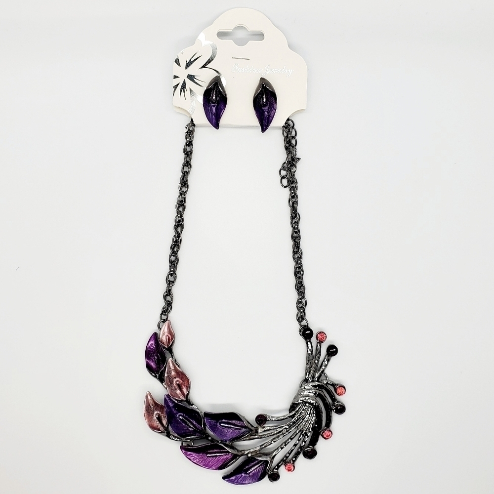 Fashion Jewelry Purple Peacock Metal Statement Necklace & Earring Set - Picture 2 of 4